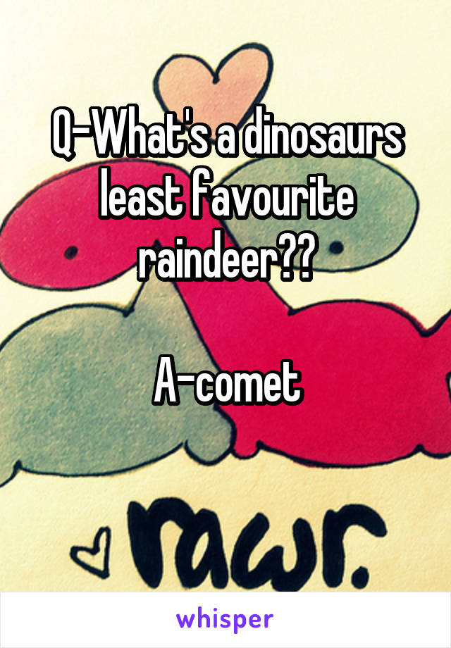 Q-What's a dinosaurs least favourite raindeer??

A-comet

