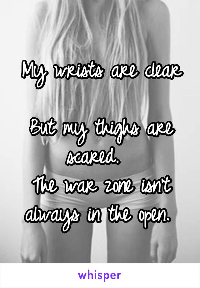 My wrists are clear

But my thighs are scared.  
The war zone isn't always in the open. 