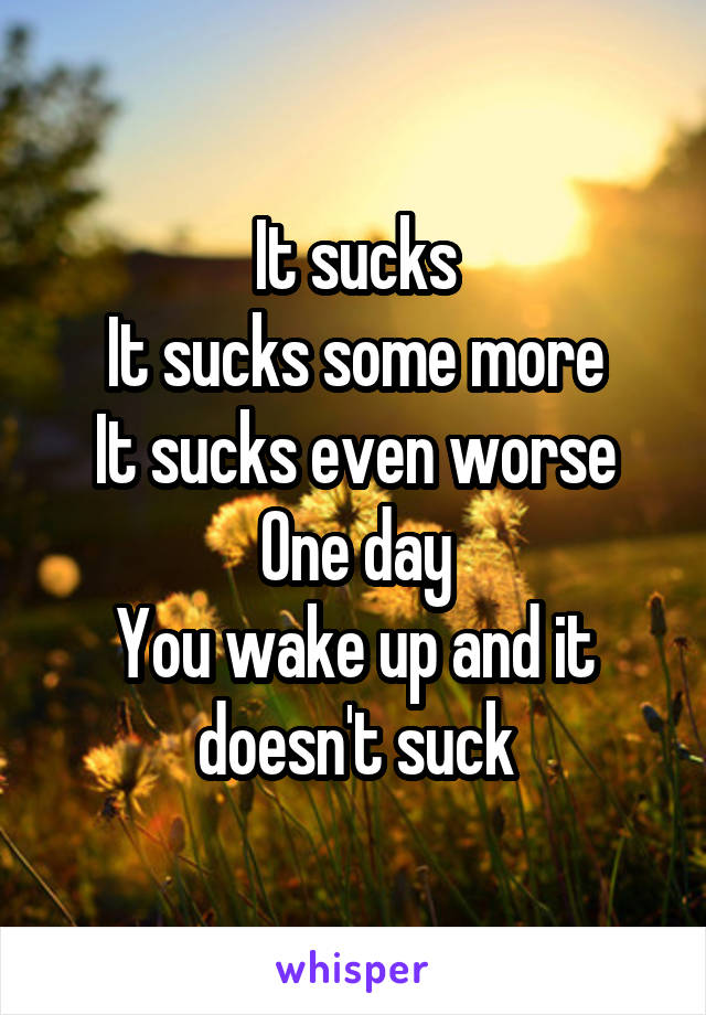 It sucks
It sucks some more
It sucks even worse
One day
You wake up and it doesn't suck