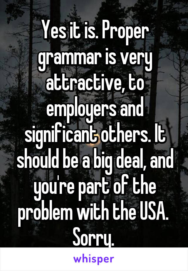 Yes it is. Proper grammar is very attractive, to employers and significant others. It should be a big deal, and you're part of the problem with the USA. 
Sorry. 