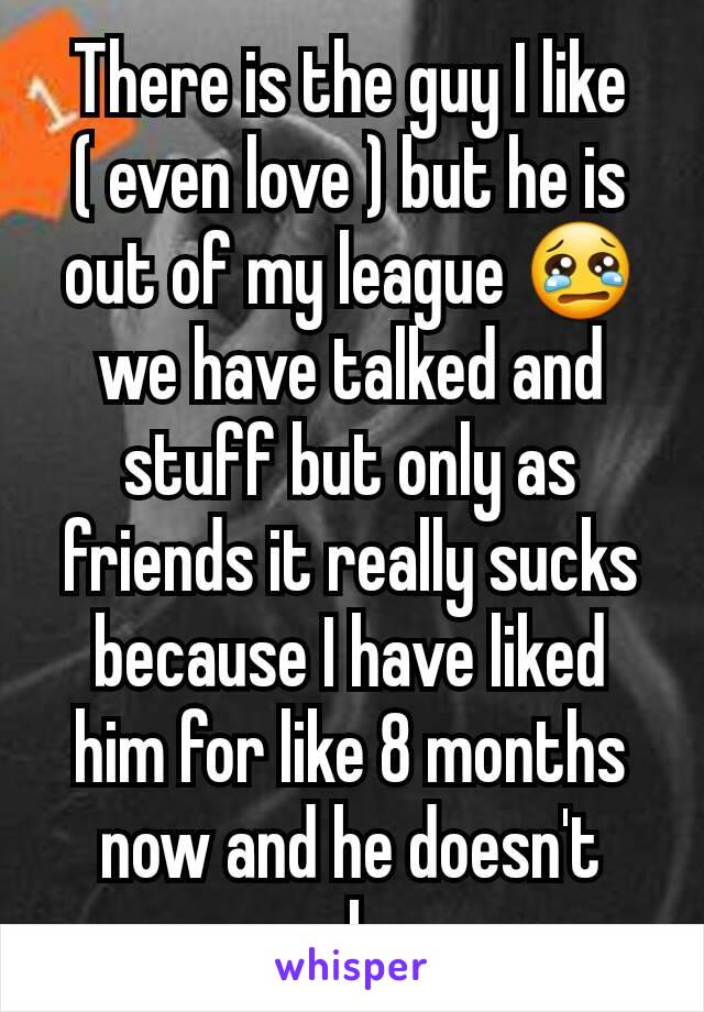 There is the guy I like ( even love ) but he is out of my league 😢 we have talked and stuff but only as friends it really sucks because I have liked him for like 8 months now and he doesn't even know