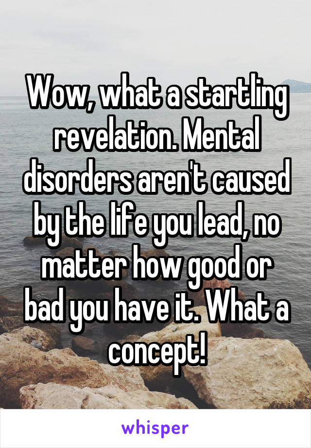 Wow, what a startling revelation. Mental disorders aren't caused by the life you lead, no matter how good or bad you have it. What a concept!