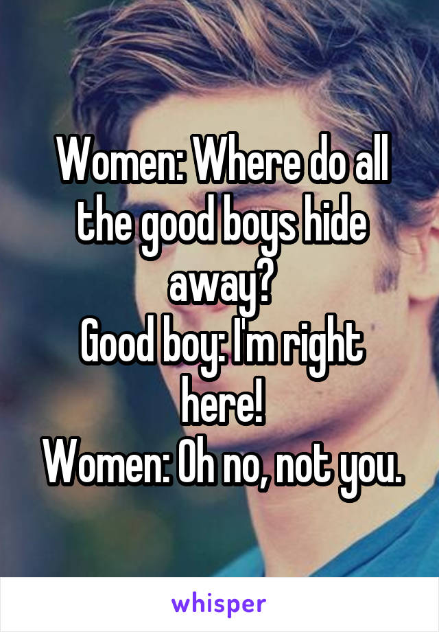 Women: Where do all the good boys hide away?
Good boy: I'm right here!
Women: Oh no, not you.