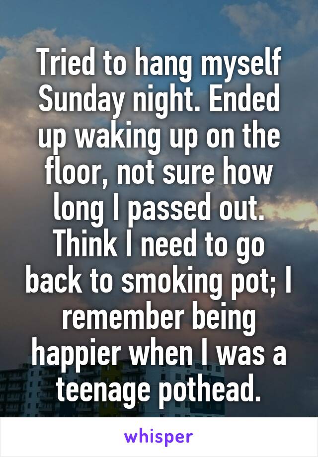 Tried to hang myself Sunday night. Ended up waking up on the floor, not sure how long I passed out.
Think I need to go back to smoking pot; I remember being happier when I was a teenage pothead.