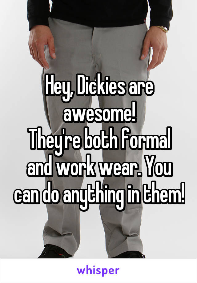 Hey, Dickies are awesome!
They're both formal and work wear. You can do anything in them!