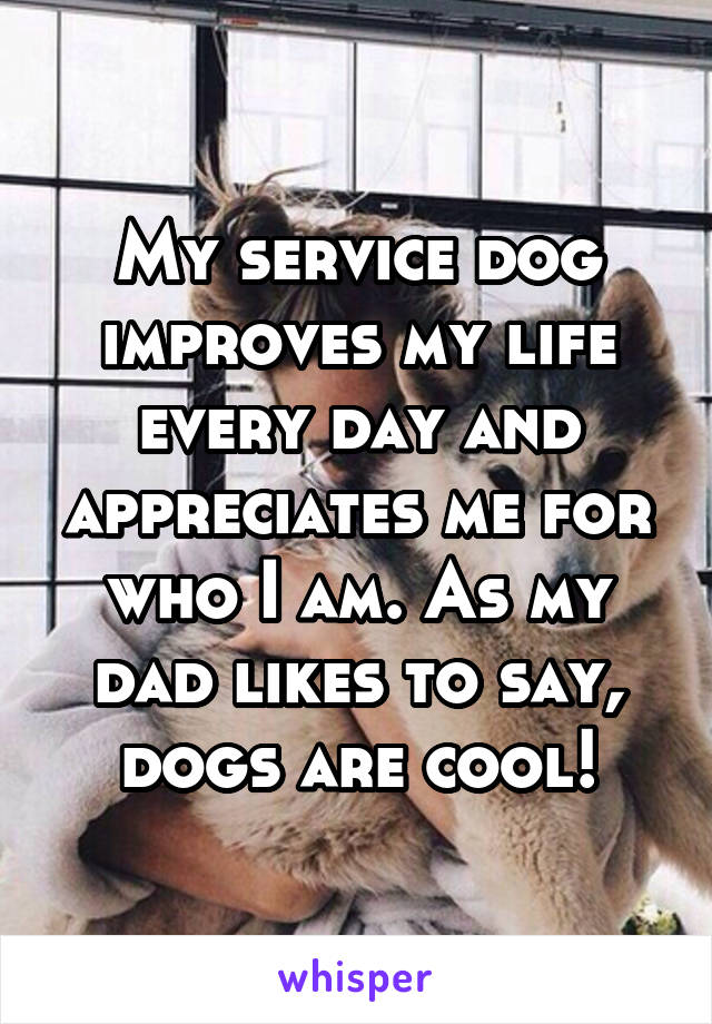 My service dog improves my life every day and appreciates me for who I am. As my dad likes to say, dogs are cool!