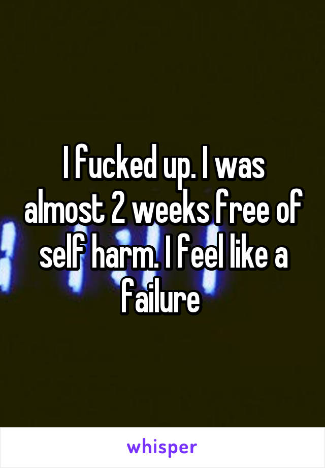 I fucked up. I was almost 2 weeks free of self harm. I feel like a failure 