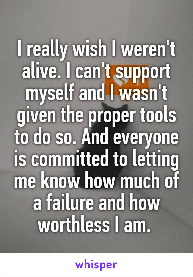 I really wish I weren't alive. I can't support myself and I wasn't given the proper tools to do so. And everyone is committed to letting me know how much of a failure and how worthless I am. 