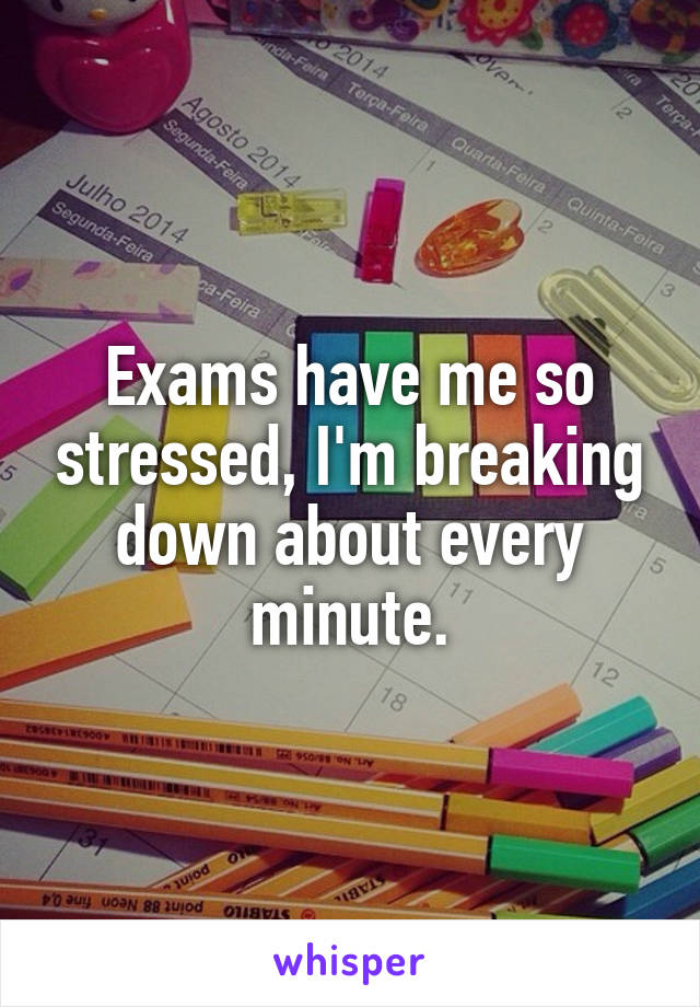 Exams have me so stressed, I'm breaking down about every minute.