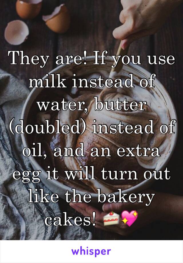 They are! If you use milk instead of water, butter (doubled) instead of oil, and an extra egg it will turn out like the bakery cakes! 🍰💖