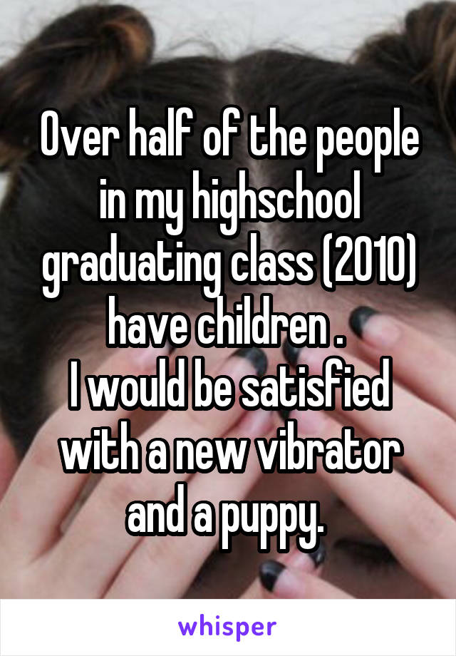 Over half of the people in my highschool graduating class (2010) have children . 
I would be satisfied with a new vibrator and a puppy. 