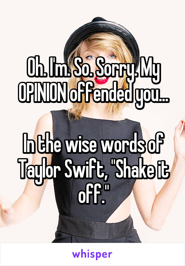 Oh. I'm. So. Sorry. My OPINION offended you...

In the wise words of Taylor Swift, "Shake it off."