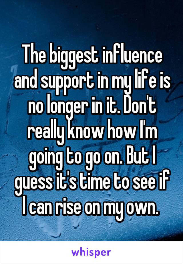 The biggest influence and support in my life is no longer in it. Don't really know how I'm going to go on. But I guess it's time to see if I can rise on my own. 