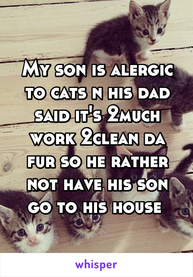 My son is alergic to cats n his dad said it's 2much work 2clean da fur so he rather not have his son go to his house 