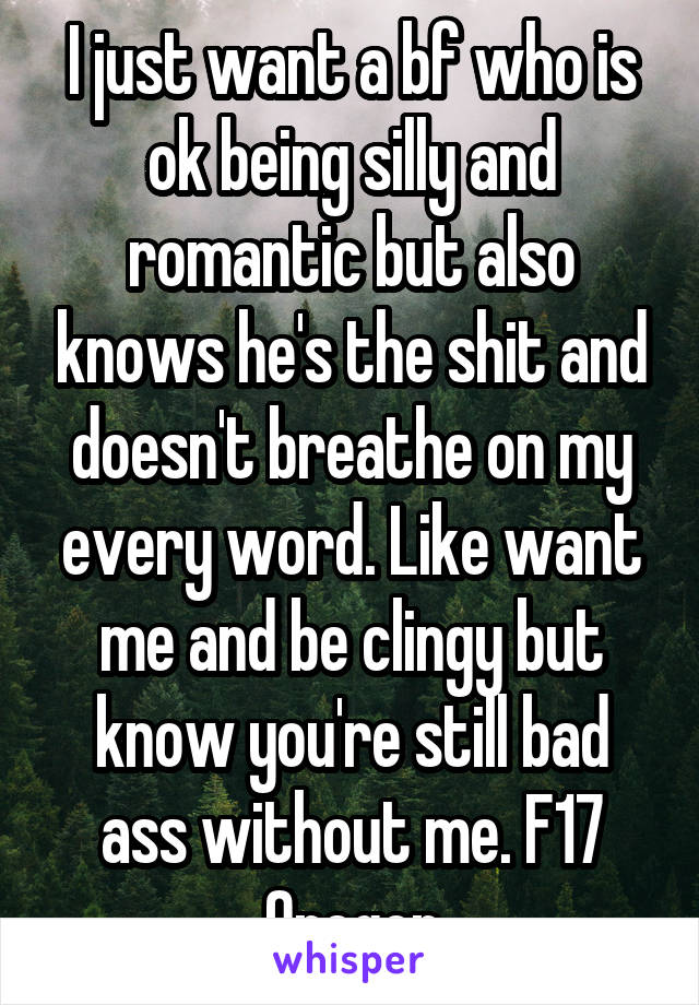 I just want a bf who is ok being silly and romantic but also knows he's the shit and doesn't breathe on my every word. Like want me and be clingy but know you're still bad ass without me. F17 Oregon