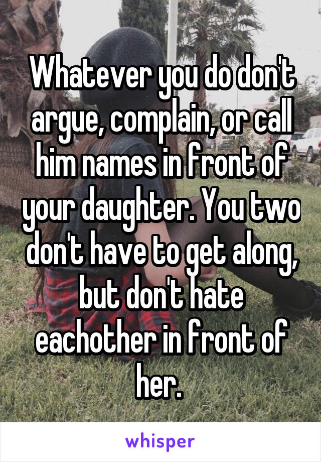 Whatever you do don't argue, complain, or call him names in front of your daughter. You two don't have to get along, but don't hate eachother in front of her. 