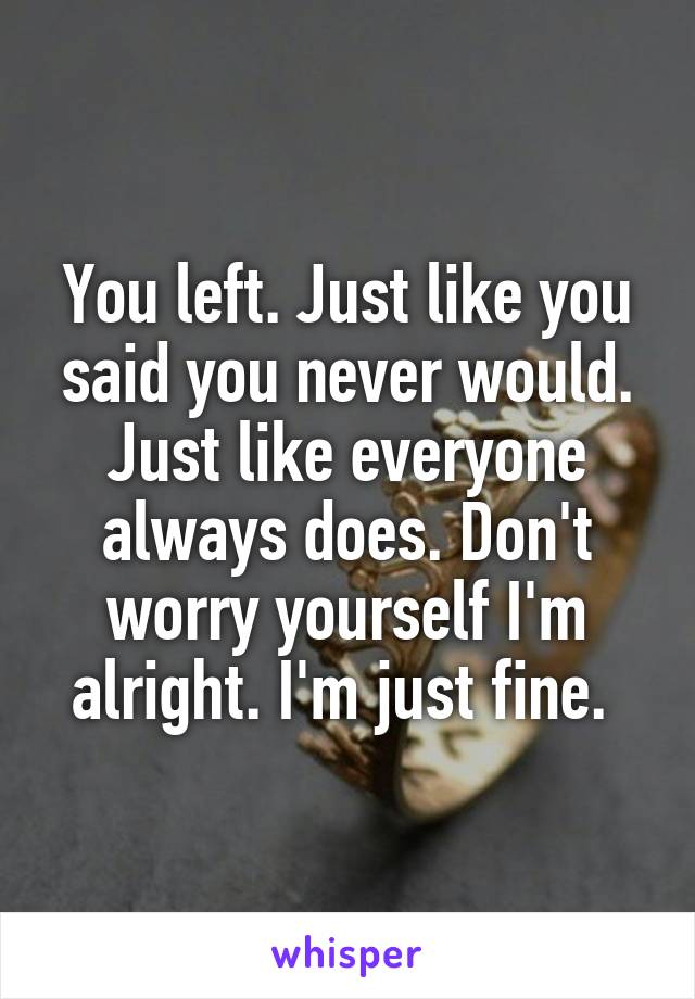 You left. Just like you said you never would. Just like everyone always does. Don't worry yourself I'm alright. I'm just fine. 