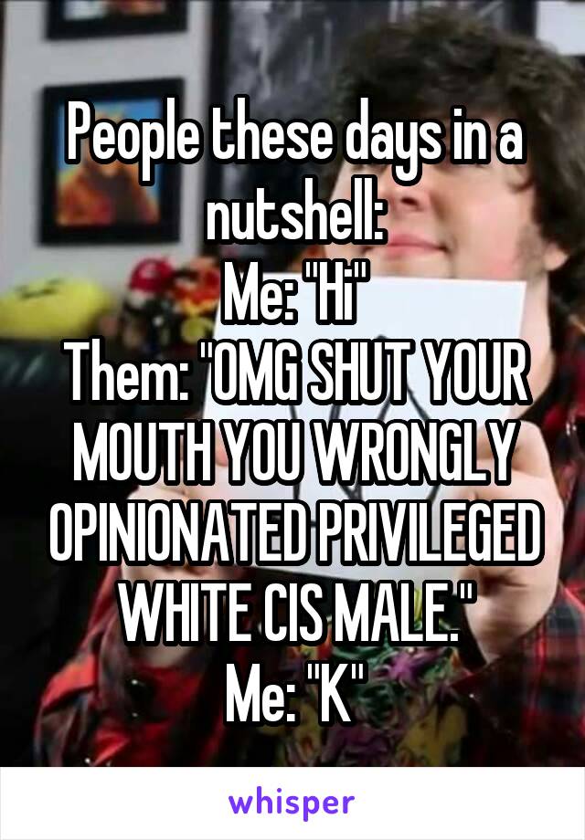 People these days in a nutshell:
Me: "Hi"
Them: "OMG SHUT YOUR MOUTH YOU WRONGLY OPINIONATED PRIVILEGED WHITE CIS MALE."
Me: "K"
