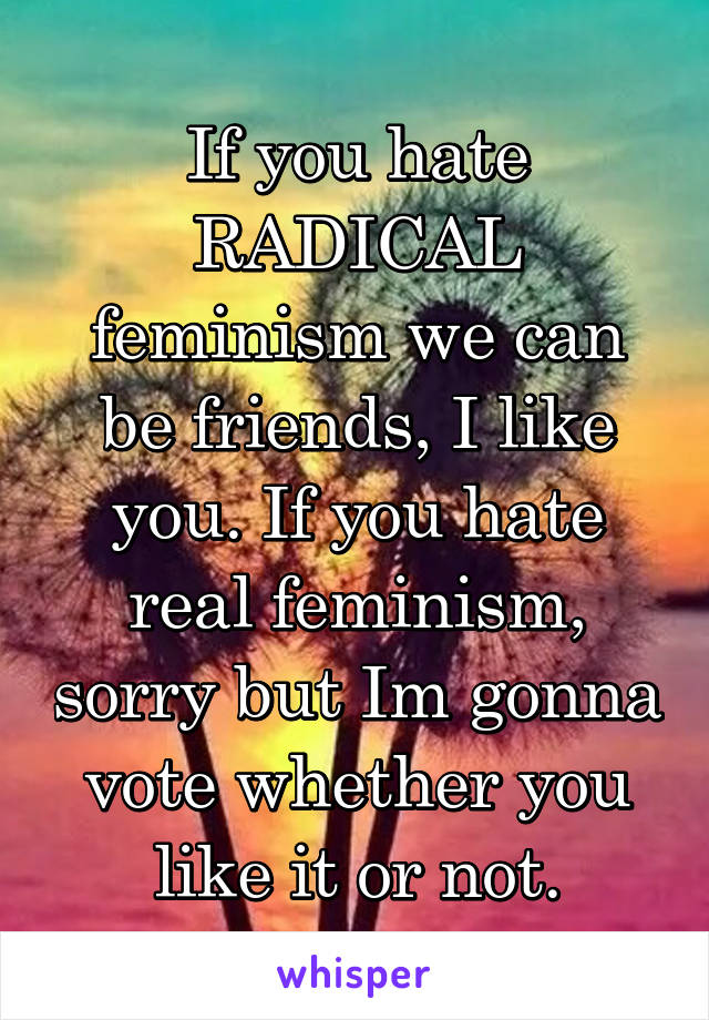 If you hate RADICAL feminism we can be friends, I like you. If you hate real feminism, sorry but Im gonna vote whether you like it or not.