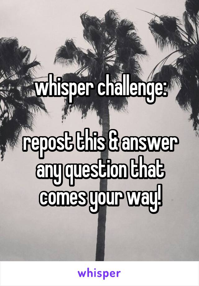 whisper challenge:

repost this & answer any question that comes your way!