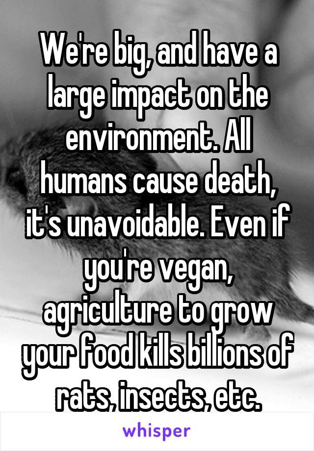 We're big, and have a large impact on the environment. All humans cause death, it's unavoidable. Even if you're vegan, agriculture to grow your food kills billions of rats, insects, etc.