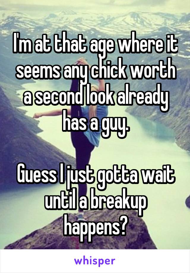 I'm at that age where it seems any chick worth a second look already has a guy.

Guess I just gotta wait until a breakup happens?