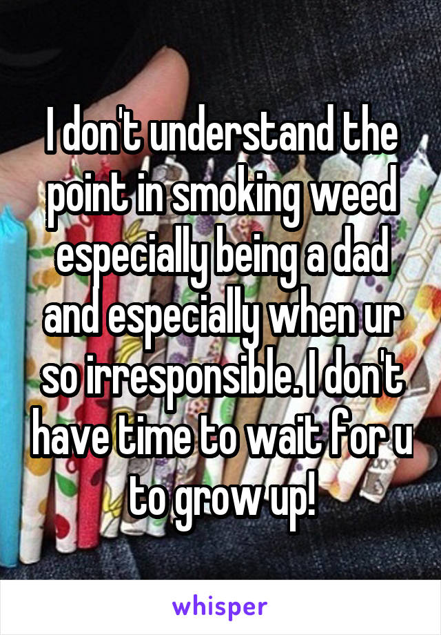 I don't understand the point in smoking weed especially being a dad and especially when ur so irresponsible. I don't have time to wait for u to grow up!