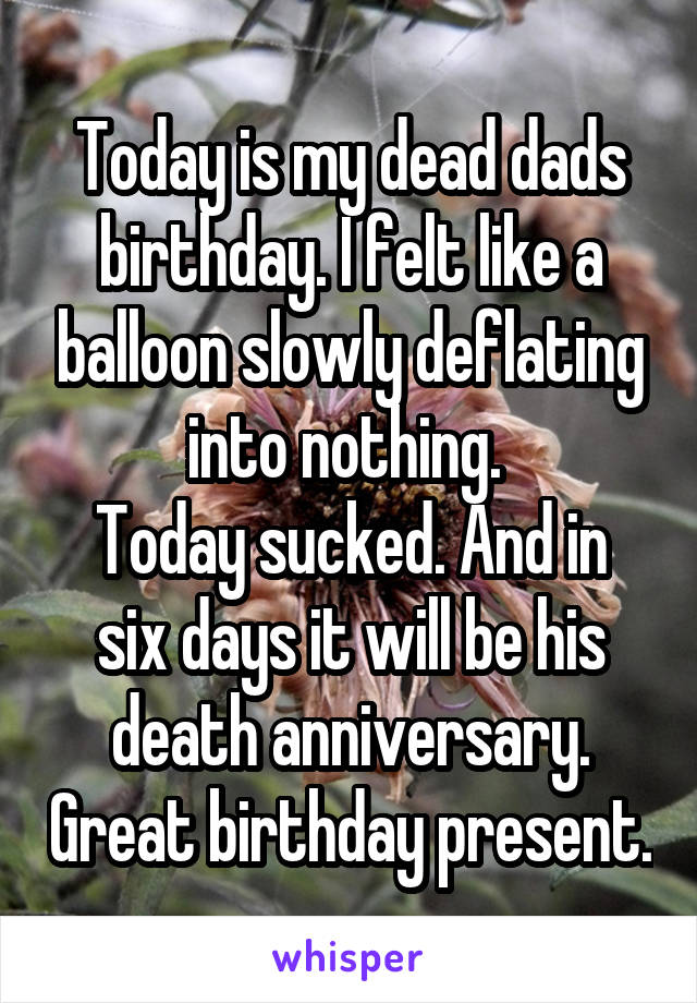 Today is my dead dads birthday. I felt like a balloon slowly deflating into nothing. 
Today sucked. And in six days it will be his death anniversary. Great birthday present.