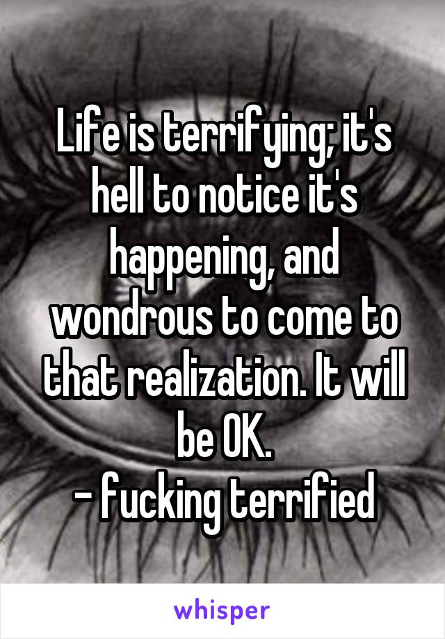 Life is terrifying; it's hell to notice it's happening, and wondrous to come to that realization. It will be OK.
- fucking terrified