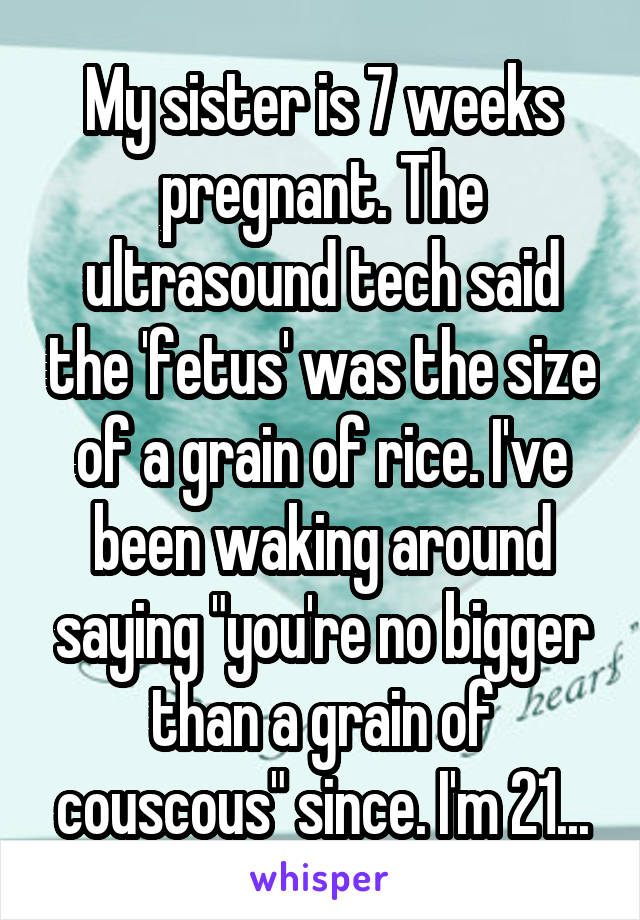 My sister is 7 weeks pregnant. The ultrasound tech said the 'fetus' was the size of a grain of rice. I've been waking around saying "you're no bigger than a grain of couscous" since. I'm 21...