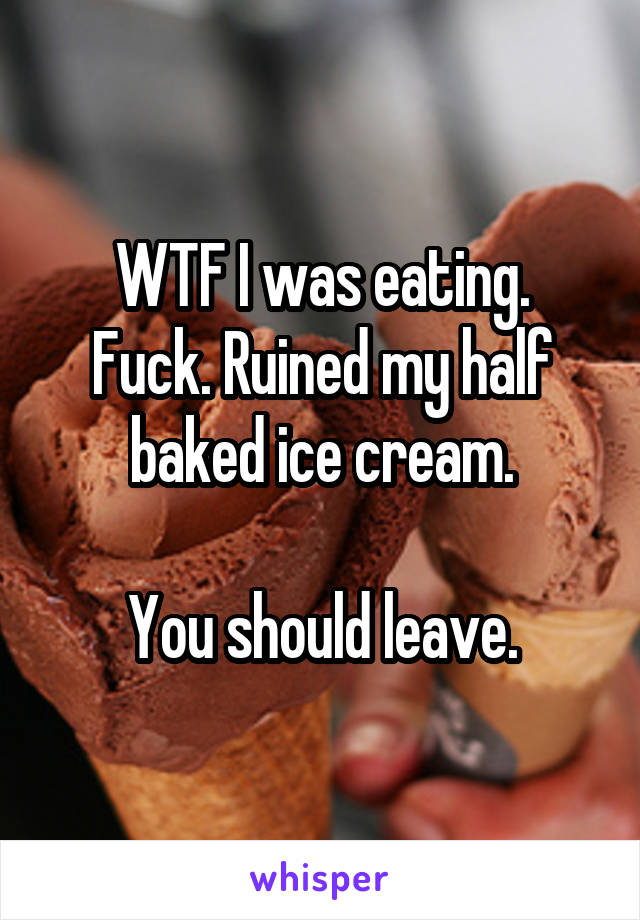 WTF I was eating.
Fuck. Ruined my half baked ice cream.

You should leave.