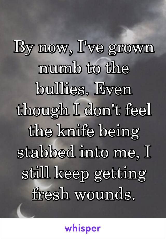 By now, I've grown numb to the bullies. Even though I don't feel the knife being stabbed into me, I still keep getting fresh wounds.