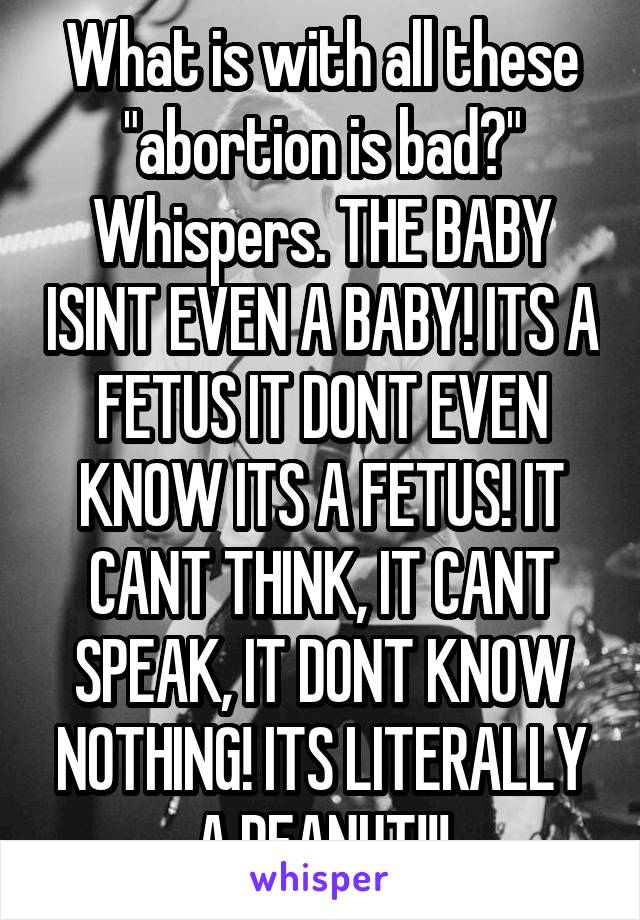 What is with all these "abortion is bad?" Whispers. THE BABY ISINT EVEN A BABY! ITS A FETUS IT DONT EVEN KNOW ITS A FETUS! IT CANT THINK, IT CANT SPEAK, IT DONT KNOW NOTHING! ITS LITERALLY A PEANUT!!!