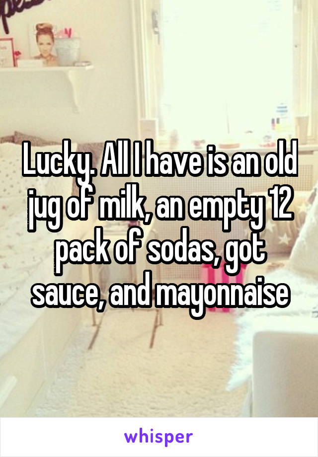 Lucky. All I have is an old jug of milk, an empty 12 pack of sodas, got sauce, and mayonnaise