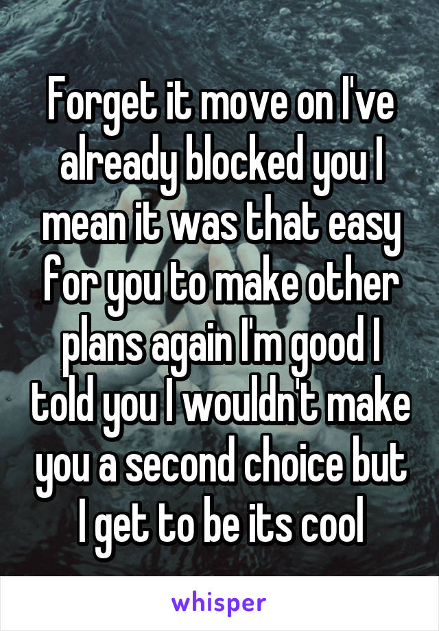 Forget it move on I've already blocked you I mean it was that easy for you to make other plans again I'm good I told you I wouldn't make you a second choice but I get to be its cool