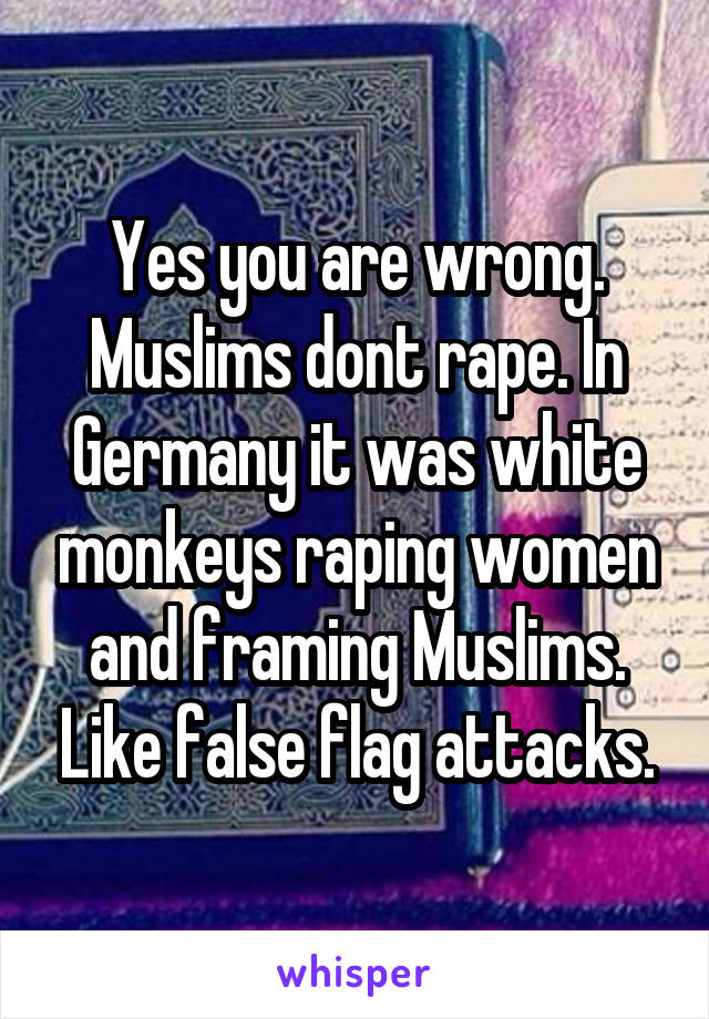 Yes you are wrong. Muslims dont rape. In Germany it was white monkeys raping women and framing Muslims. Like false flag attacks.