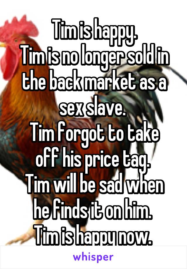 Tim is happy.
Tim is no longer sold in the back market as a sex slave. 
Tim forgot to take off his price tag. 
Tim will be sad when he finds it on him. 
Tim is happy now. 