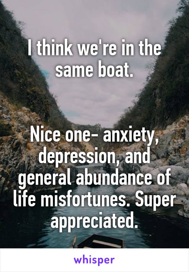 I think we're in the same boat.


Nice one- anxiety, depression, and general abundance of life misfortunes. Super appreciated.