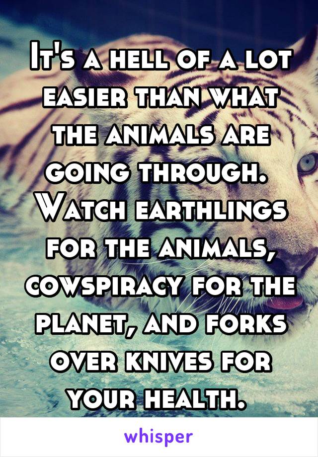 It's a hell of a lot easier than what the animals are going through. 
Watch earthlings for the animals, cowspiracy for the planet, and forks over knives for your health. 