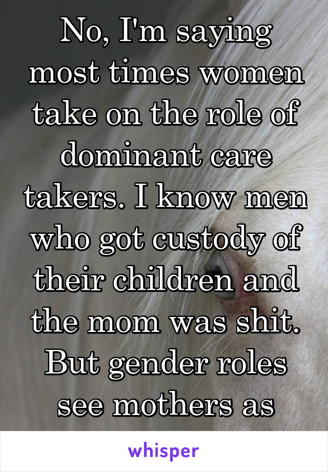 No, I'm saying most times women take on the role of dominant care takers. I know men who got custody of their children and the mom was shit. But gender roles see mothers as care takers.