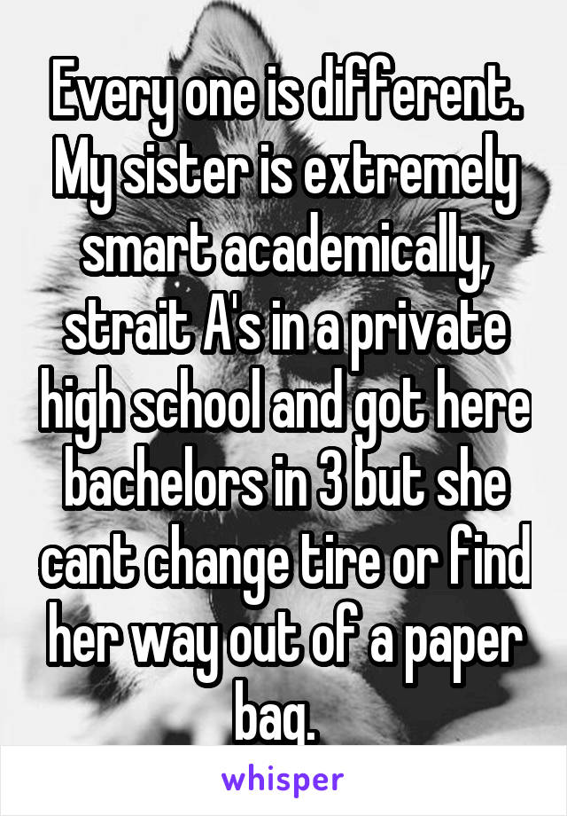 Every one is different. My sister is extremely smart academically, strait A's in a private high school and got here bachelors in 3 but she cant change tire or find her way out of a paper bag.  