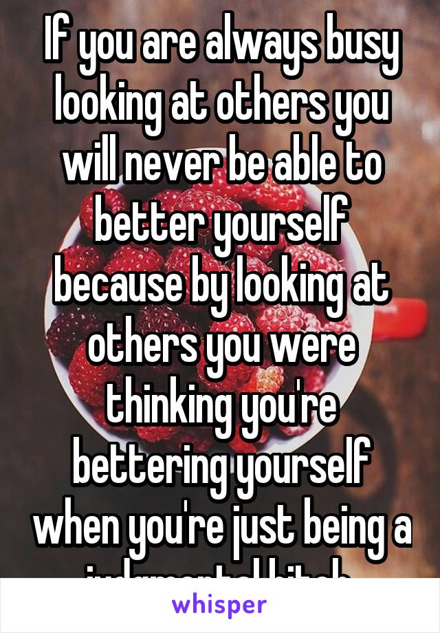 If you are always busy looking at others you will never be able to better yourself because by looking at others you were thinking you're bettering yourself when you're just being a judgmental bitch.