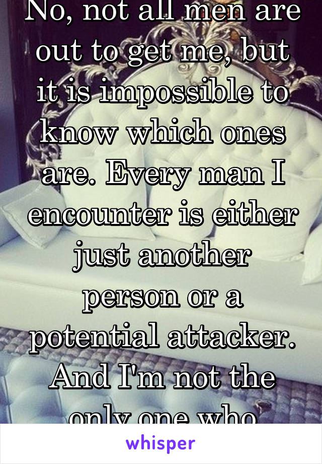 No, not all men are out to get me, but it is impossible to know which ones are. Every man I encounter is either just another person or a potential attacker. And I'm not the only one who thinks so.