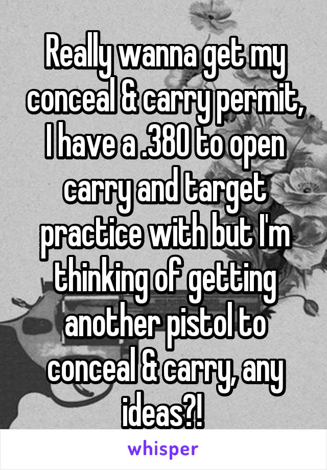 Really wanna get my conceal & carry permit, I have a .380 to open carry and target practice with but I'm thinking of getting another pistol to conceal & carry, any ideas?! 