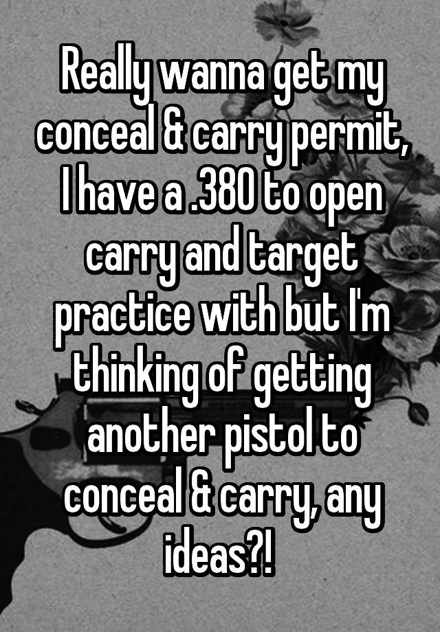 Really wanna get my conceal & carry permit, I have a .380 to open carry and target practice with but I'm thinking of getting another pistol to conceal & carry, any ideas?! 