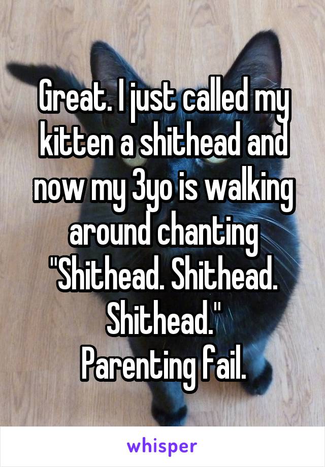 Great. I just called my kitten a shithead and now my 3yo is walking around chanting "Shithead. Shithead. Shithead."
Parenting fail.