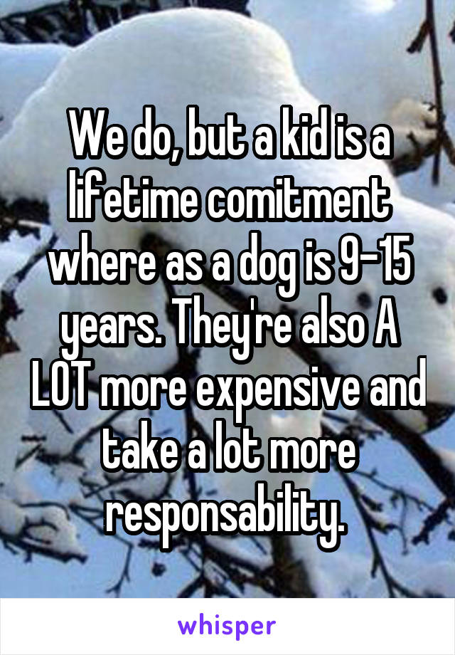 We do, but a kid is a lifetime comitment where as a dog is 9-15 years. They're also A LOT more expensive and take a lot more responsability. 