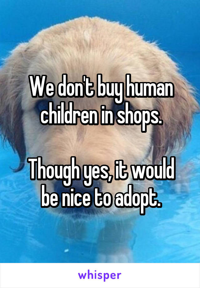 We don't buy human children in shops.

Though yes, it would be nice to adopt.