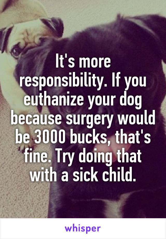 It's more responsibility. If you euthanize your dog because surgery would be 3000 bucks, that's fine. Try doing that with a sick child.