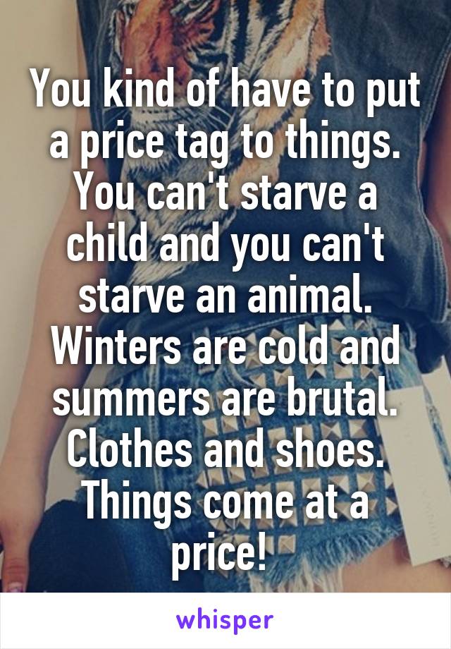 You kind of have to put a price tag to things. You can't starve a child and you can't starve an animal. Winters are cold and summers are brutal. Clothes and shoes. Things come at a price! 